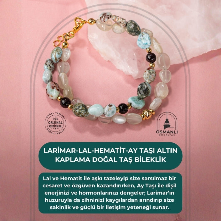 Larimar-Lal-Hematit-Ay Taşı Altın Kaplama Doğal Taş Bileklik - 2