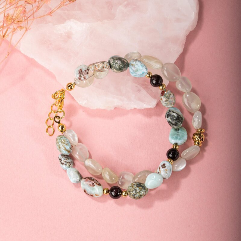 Larimar-Lal-Hematit-Ay Taşı Altın Kaplama Doğal Taş Bileklik - 3