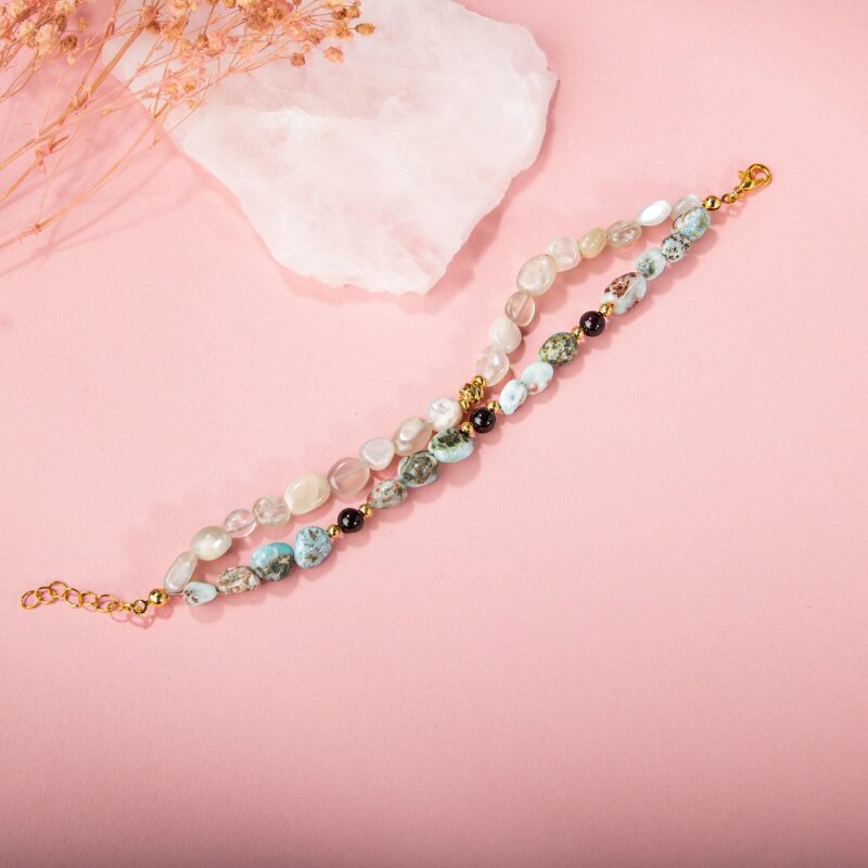 Larimar-Lal-Hematit-Ay Taşı Altın Kaplama Doğal Taş Bileklik - 4