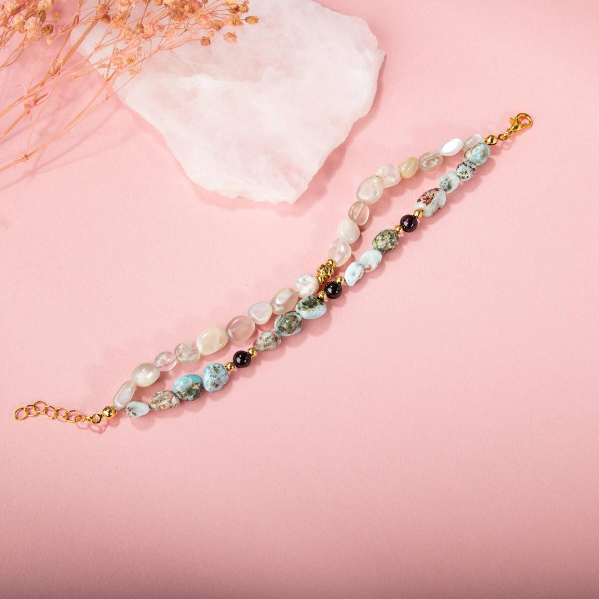 Larimar-Lal-Hematit-Ay Taşı Altın Kaplama Doğal Taş Bileklik - 4