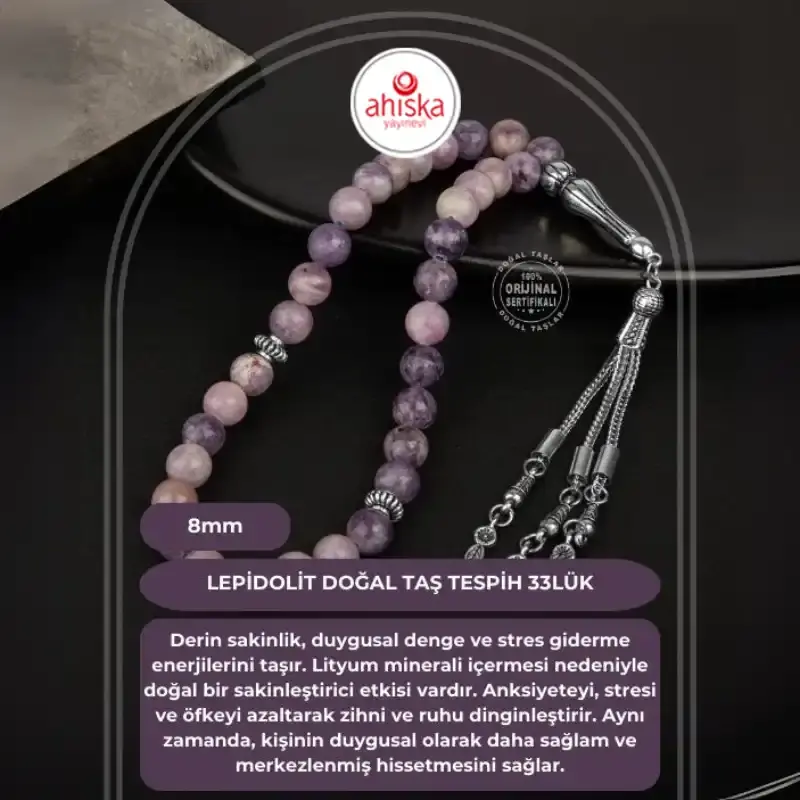Lepidolit Doğal Taş Tesbih 33lük - 8mm