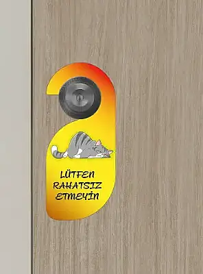 Lütfen Rahatsız Etmeyin. Kedili Tasarım Kapı Askısı Kapı Uyarı Levhası - 6