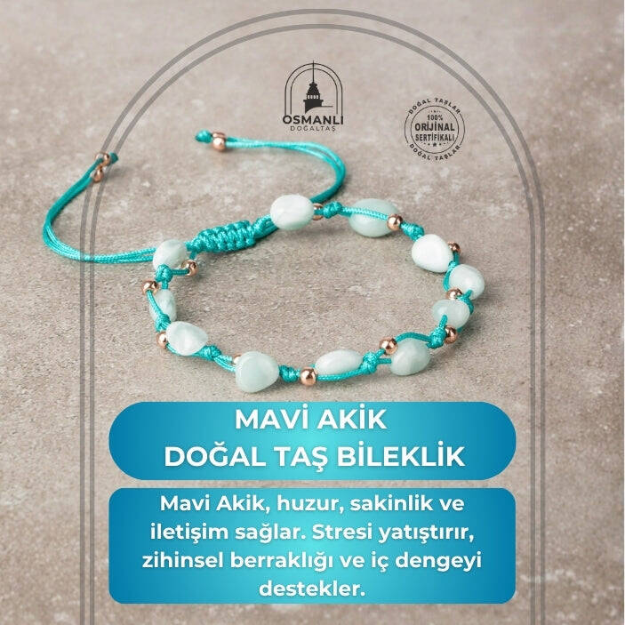 Mavi Akik Natürel Kesim Doğal Taş Makrome Bileklik - 2