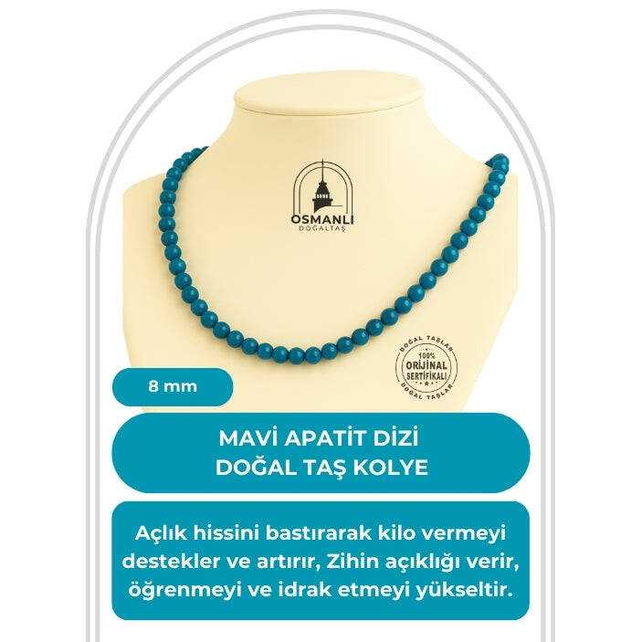 Mavi Apatit 8 mm Düğümlü Doğal Taş Kolye - 2