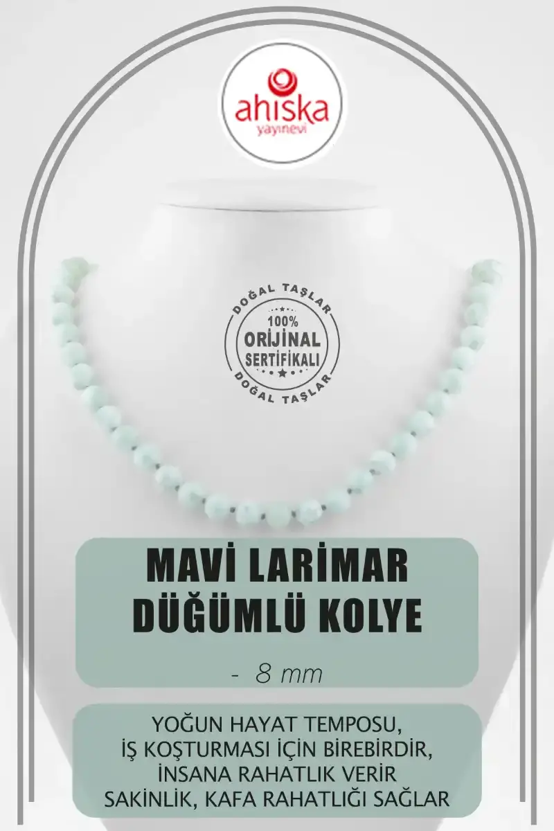 Mavi Larimar 8 mm Düğümlü Doğal Taş Kolye