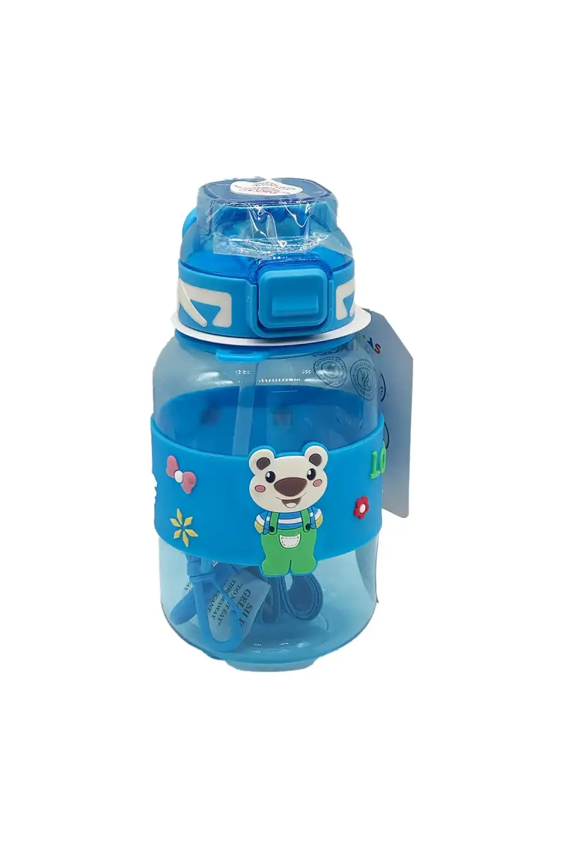 Noki Kids Su Matarası Mavi Petg Pipetli Kapak Ayıcık Silikon Kemerli Askılı 800 Ml - 1
