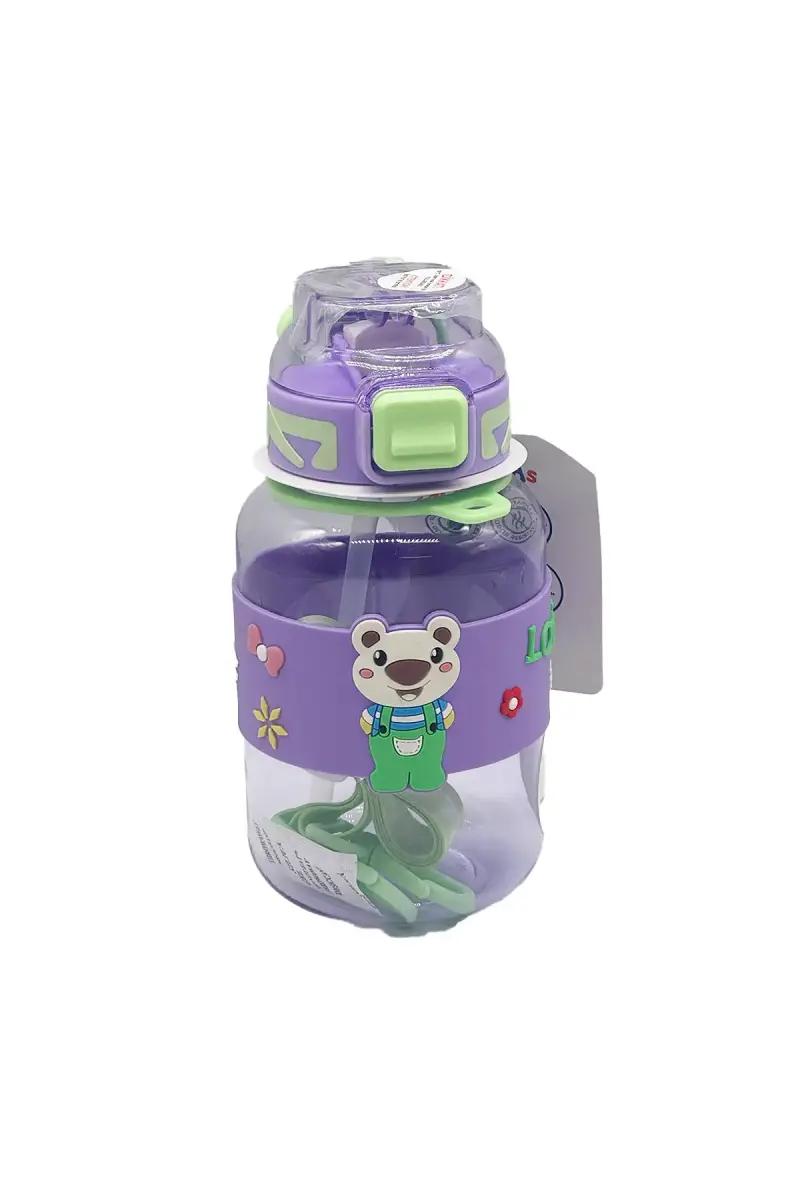 Noki Kids Su Matarası Mor Petg Pipetli Kapak Ayıcık Silikon Kemerli Askılı 800 Ml - 1