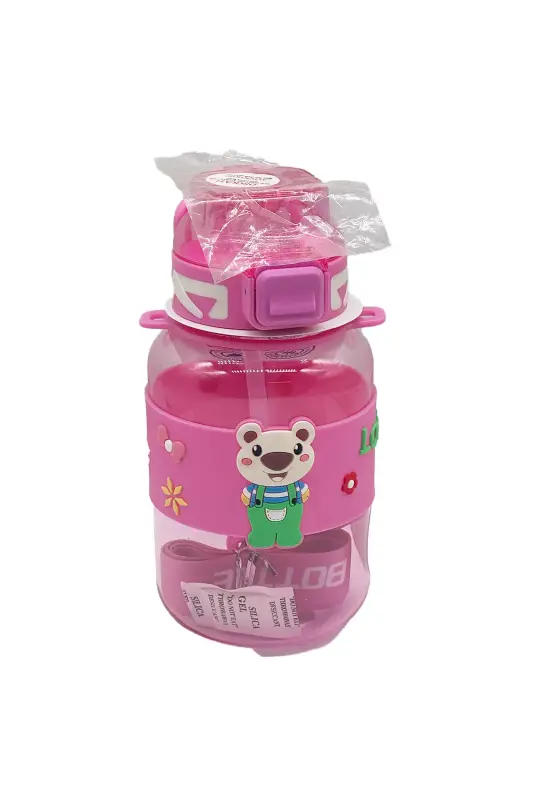 Noki Kids Su Matarası Pembe Petg Pipetli Kapak Ayıcık Silikon Kemerli Askılı 800 Ml - Noki