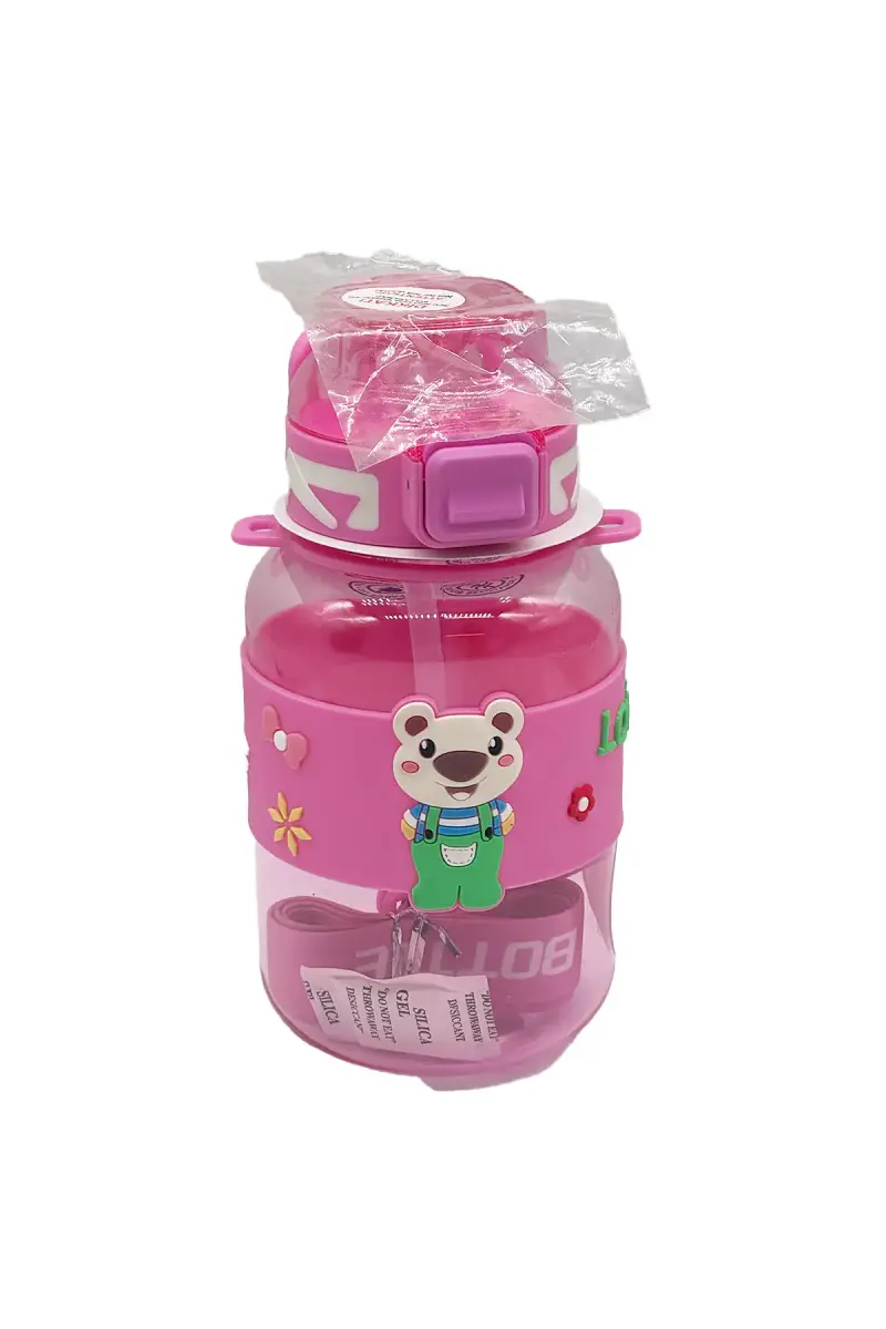 Noki Kids Su Matarası Pembe Petg Pipetli Kapak Ayıcık Silikon Kemerli Askılı 800 Ml - 1