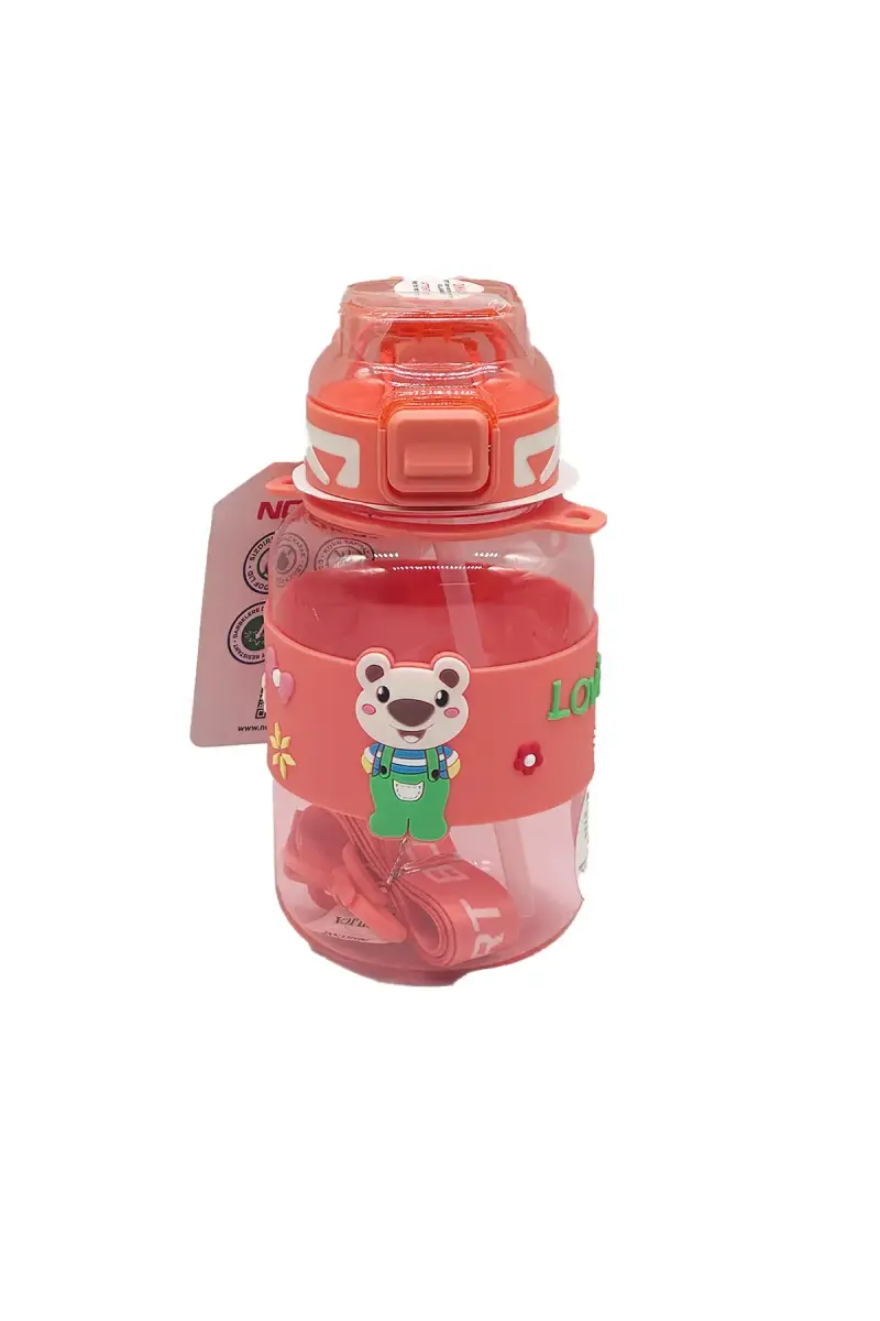 Noki Kids Su Matarası Turuncu Petg Pipetli Kapak Ayıcık Silikon Kemerli Askılı 800 Ml - 1