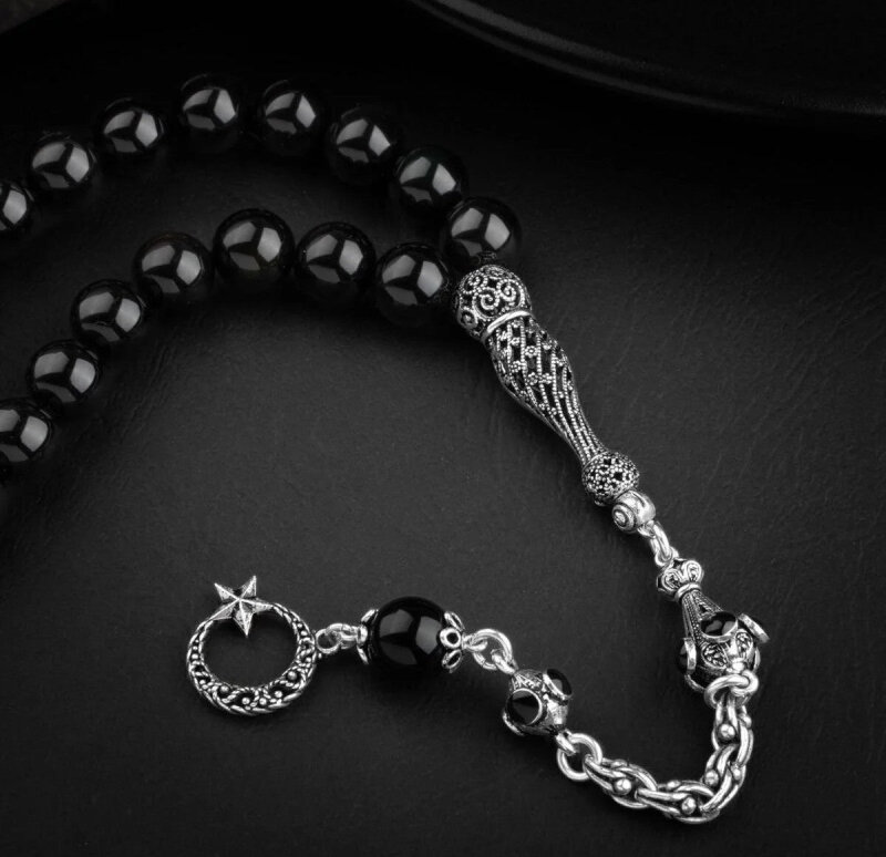 Obsidyen Doğal Taş 8mm Gümüş İmameli Tesbih - 2