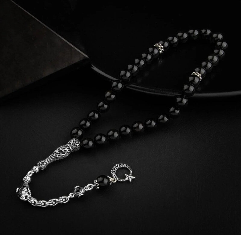 Obsidyen Doğal Taş 8mm Gümüş İmameli Tesbih - 3