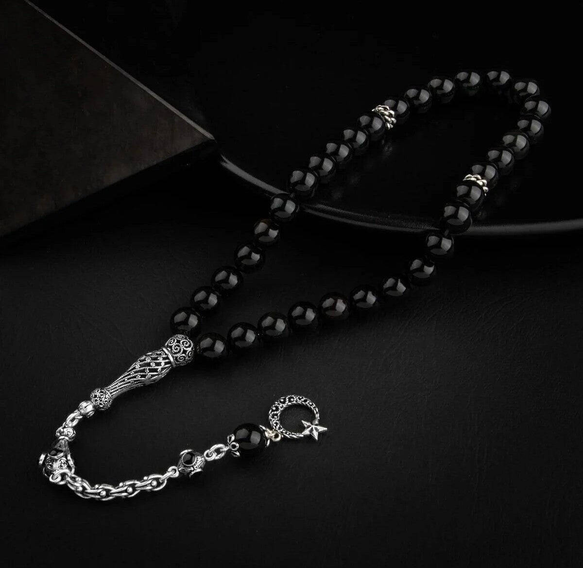 Obsidyen Doğal Taş 8mm Gümüş İmameli Tesbih - 3