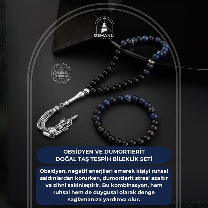 Obsidyen-Dumortierit Doğal Taş Tesbih Bileklik Seti - 2