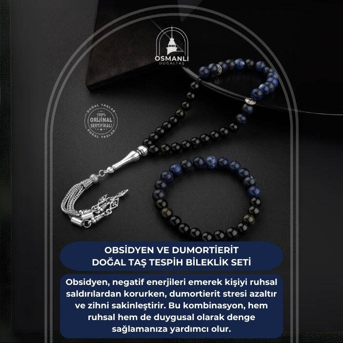 Obsidyen-Dumortierit Doğal Taş Tesbih Bileklik Seti - 2