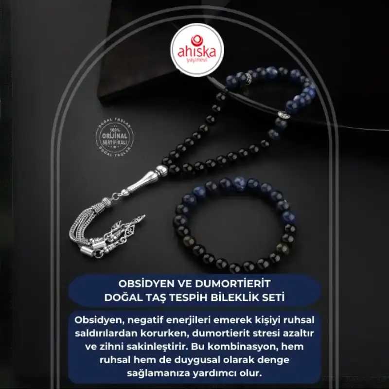 Obsidyen-Dumortierit Doğal Taş Tesbih Bileklik Seti - 2