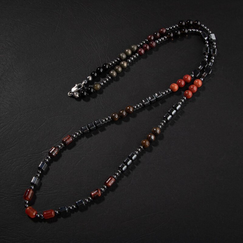 Obsidyen-Pirit-Dumanlı Kuvars-Jasper-Bronzit-Kaplan Gözü-Kırmızı Akik-Lal Taşı-Hematit Doğal Taş Erkek Tasarım Kolye - Doğal Taş