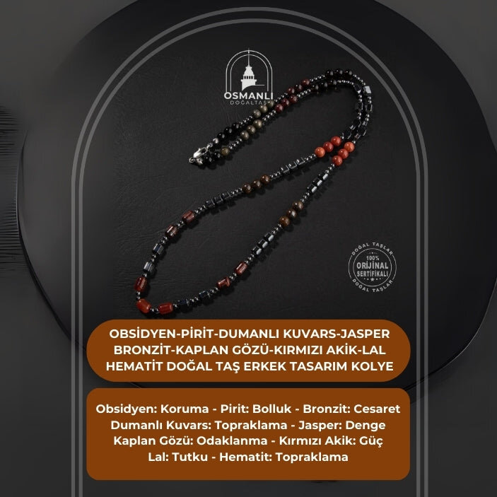 Obsidyen-Pirit-Dumanlı Kuvars-Jasper-Bronzit-Kaplan Gözü-Kırmızı Akik-Lal Taşı-Hematit Doğal Taş Erkek Tasarım Kolye - 2