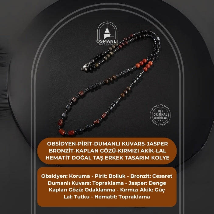 Obsidyen-Pirit-Dumanlı Kuvars-Jasper-Bronzit-Kaplan Gözü-Kırmızı Akik-Lal Taşı-Hematit Doğal Taş Erkek Tasarım Kolye - 2