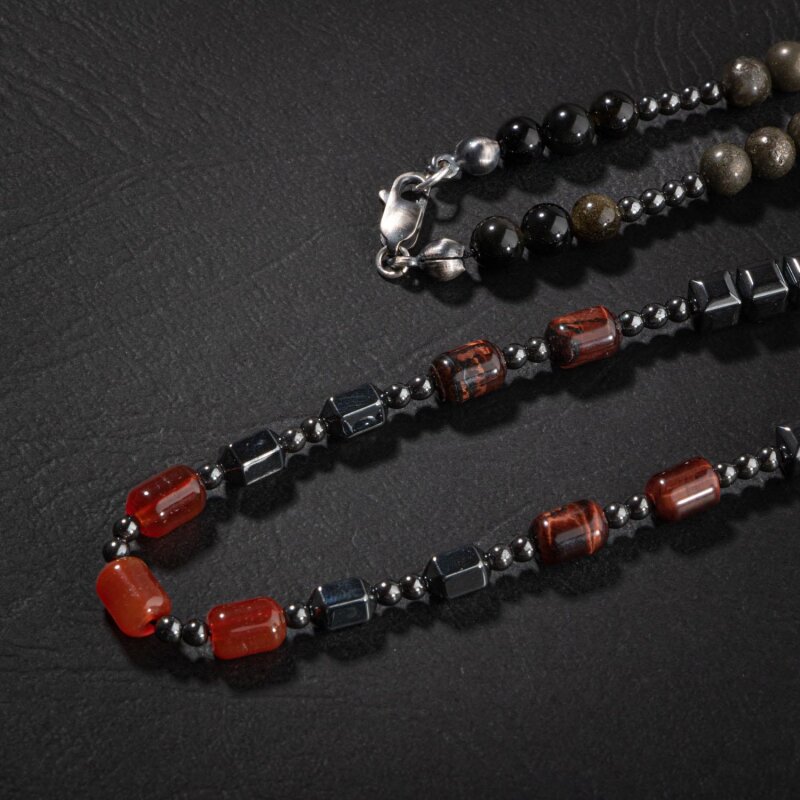 Obsidyen-Pirit-Dumanlı Kuvars-Jasper-Bronzit-Kaplan Gözü-Kırmızı Akik-Lal Taşı-Hematit Doğal Taş Erkek Tasarım Kolye - 3