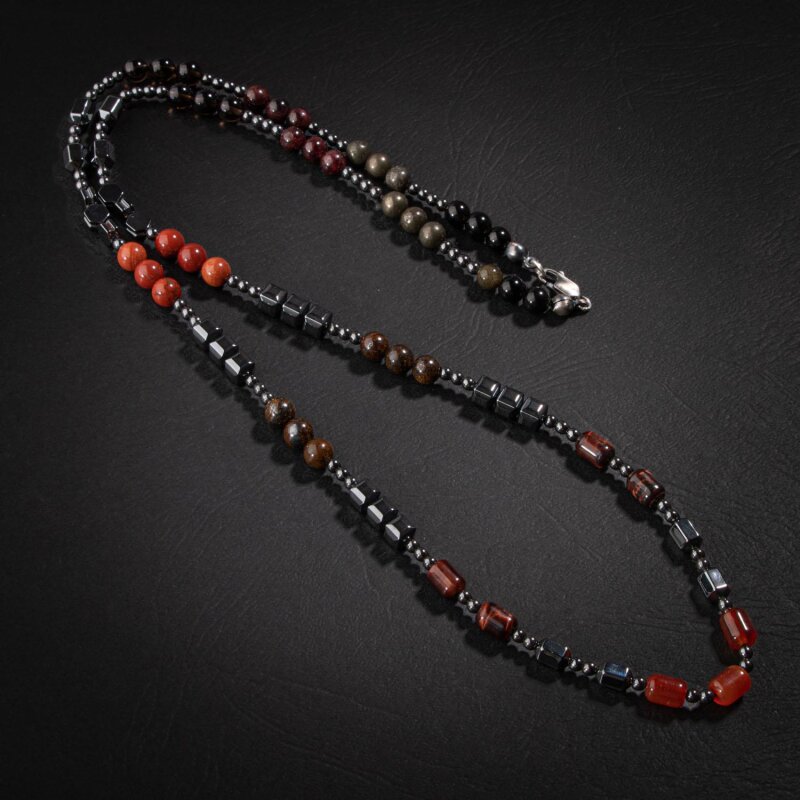 Obsidyen-Pirit-Dumanlı Kuvars-Jasper-Bronzit-Kaplan Gözü-Kırmızı Akik-Lal Taşı-Hematit Doğal Taş Erkek Tasarım Kolye - 4