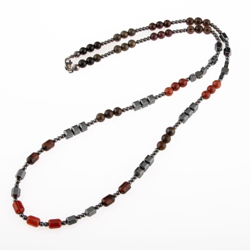 Obsidyen-Pirit-Dumanlı Kuvars-Jasper-Bronzit-Kaplan Gözü-Kırmızı Akik-Lal Taşı-Hematit Doğal Taş Erkek Tasarım Kolye - 5