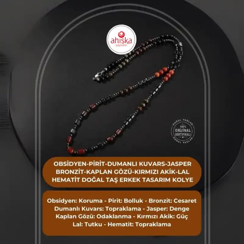 Obsidyen-Pirit-Dumanlı Kuvars-Jasper-Bronzit-Kaplan Gözü-Kırmızı Akik-Lal Taşı-Hematit Doğal Taş Erkek Tasarım Kolye - 2