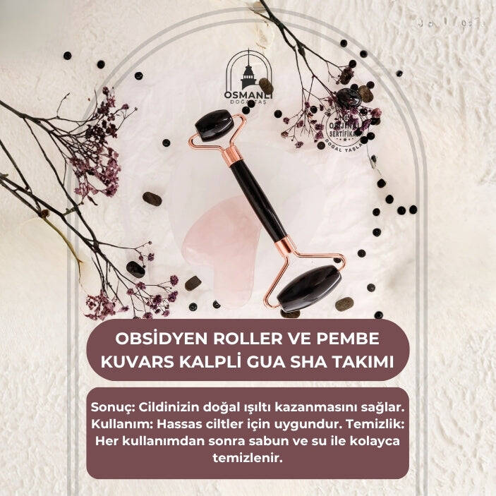 Obsidyen Roller ve Pembe Kuvars Kalpli Gua Sha Takımı - 2