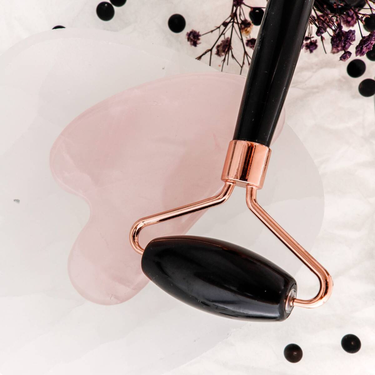 Obsidyen Roller ve Pembe Kuvars Kalpli Gua Sha Takımı - 3