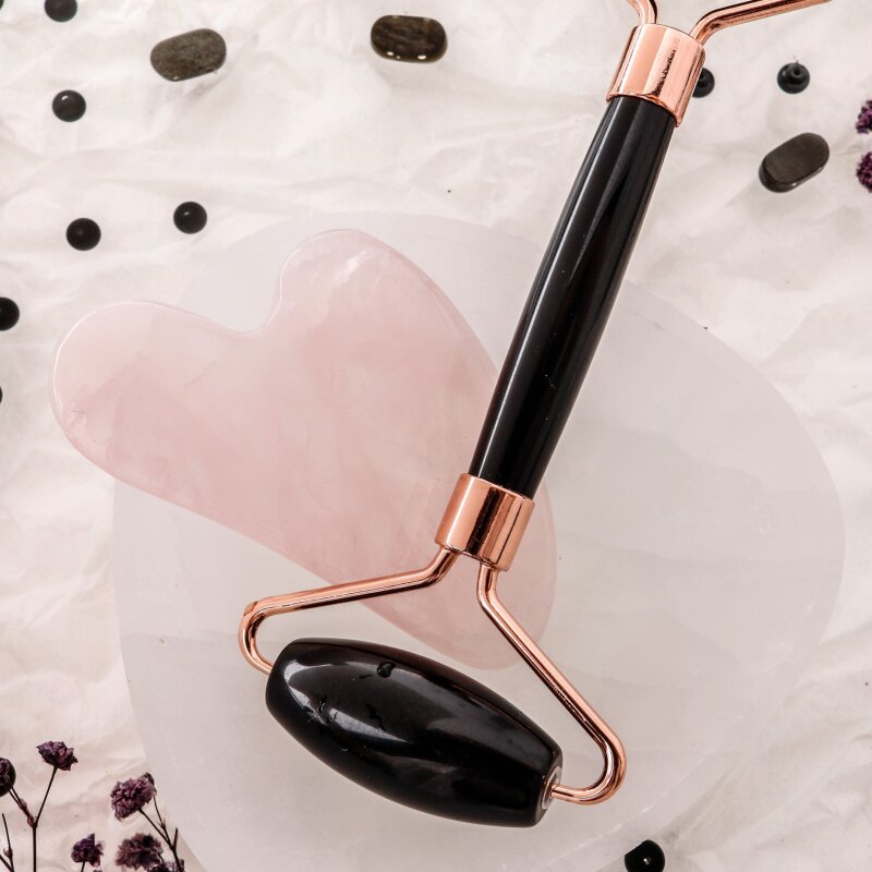 Obsidyen Roller ve Pembe Kuvars Kalpli Gua Sha Takımı - 5