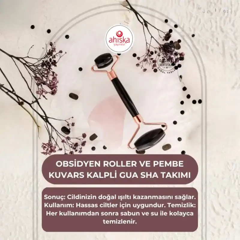 Obsidyen Roller ve Pembe Kuvars Kalpli Gua Sha Takımı - 2