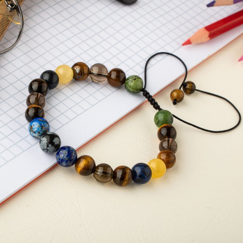 Öğrenci Doğal Taş Bileklik-Karlı Obsidyen-Lapis-Kaplan Gözü-Dumanlı Kuvars-Sodalit-Kalsit-Yeşim - Doğal Taş