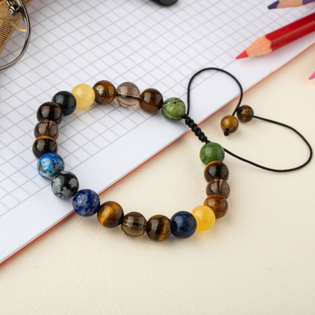 Öğrenci Doğal Taş Bileklik-Karlı Obsidyen-Lapis-Kaplan Gözü-Dumanlı Kuvars-Sodalit-Kalsit-Yeşim - 1