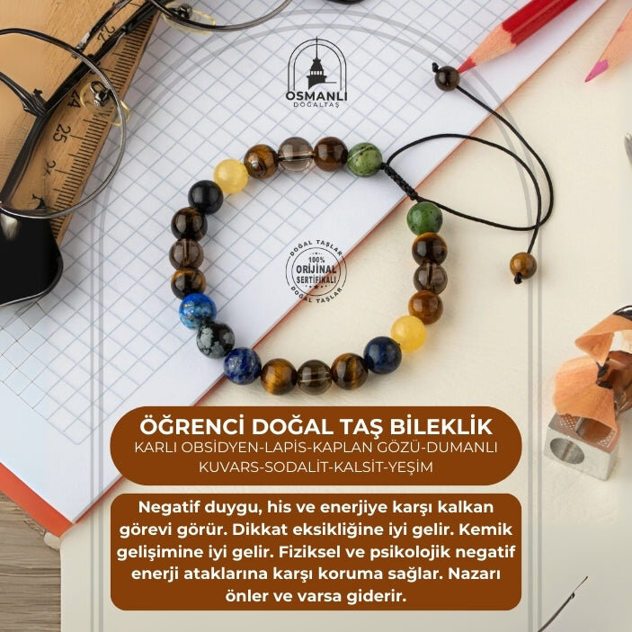 Öğrenci Doğal Taş Bileklik-Karlı Obsidyen-Lapis-Kaplan Gözü-Dumanlı Kuvars-Sodalit-Kalsit-Yeşim - 2