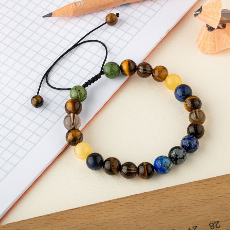 Öğrenci Doğal Taş Bileklik-Karlı Obsidyen-Lapis-Kaplan Gözü-Dumanlı Kuvars-Sodalit-Kalsit-Yeşim - 4