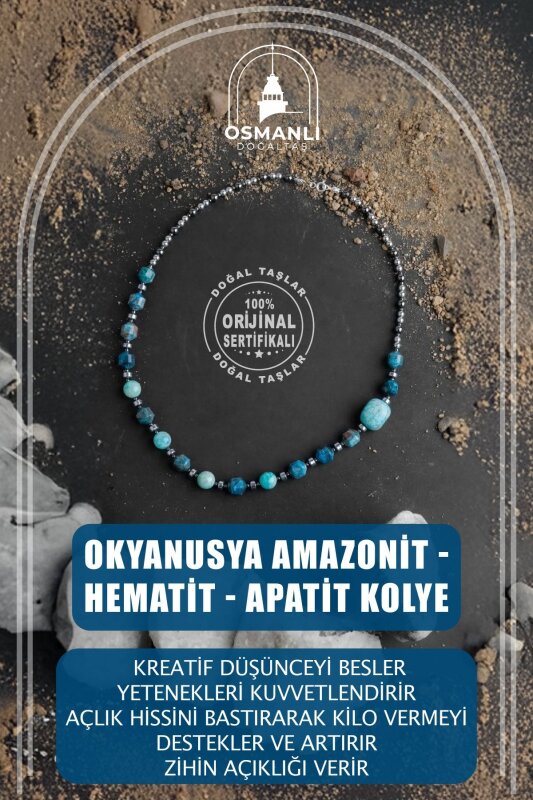 Okyanusya Amazonit - Hematit - Apatit Doğal Taş Kolye - Doğal Taş