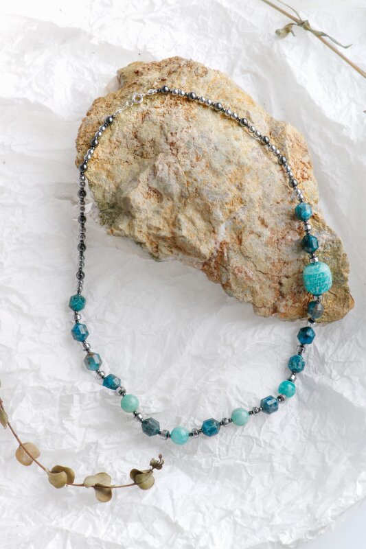 Okyanusya Amazonit - Hematit - Apatit Doğal Taş Kolye - 3