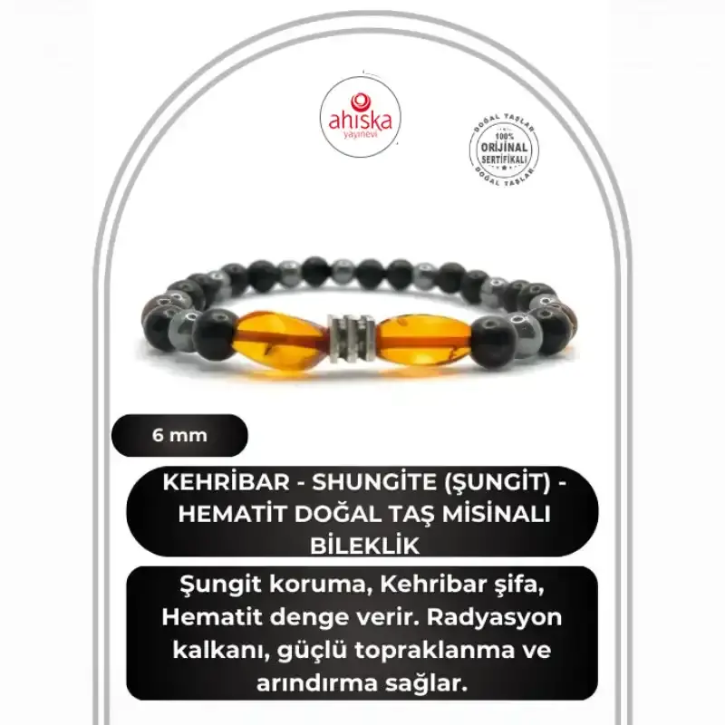 Orijinal Hakiki Kehribar - Shungite (Şungit) - Hematit Doğal Taş Misinalı Bileklik 6mm