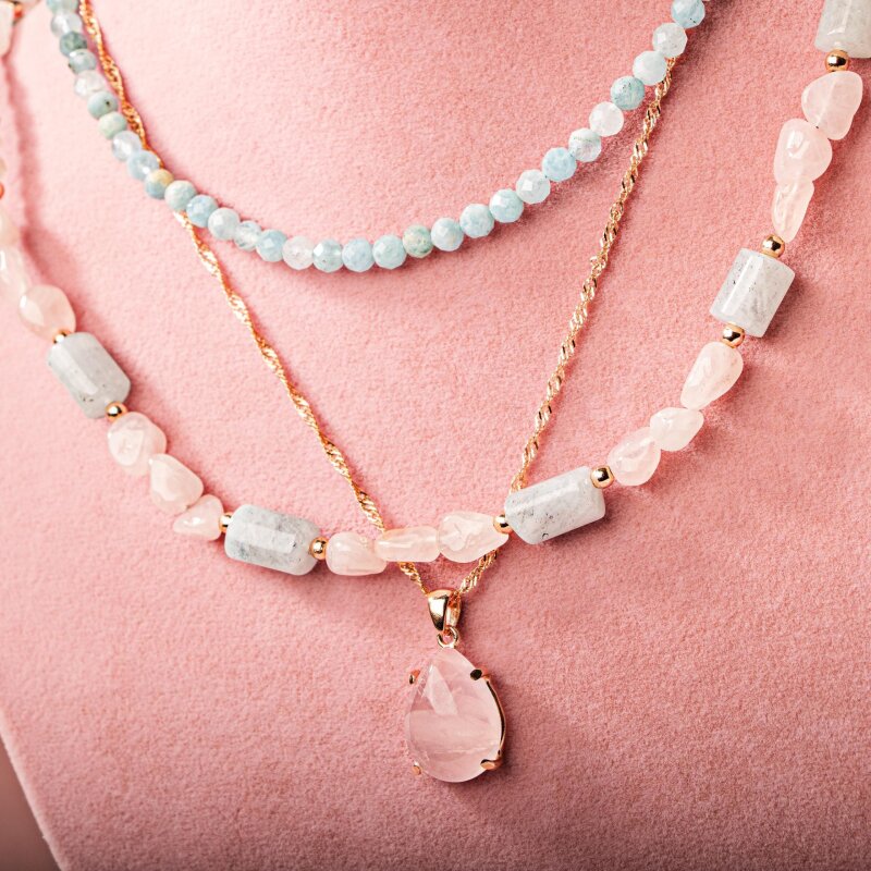 Pembe Kuvars-Akuamarin Doğal Taş Gümüş Kolye Bileklik Seti - 2