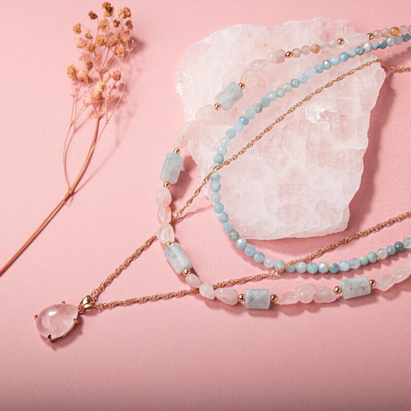 Pembe Kuvars-Akuamarin Doğal Taş Gümüş Kolye Bileklik Seti - 3