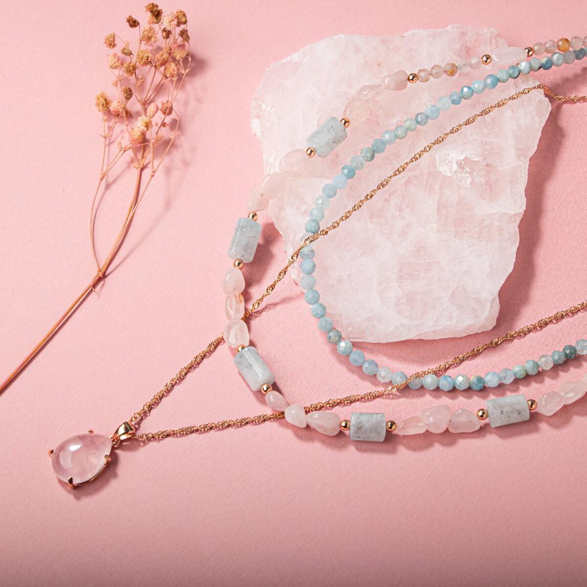 Pembe Kuvars-Akuamarin Doğal Taş Gümüş Kolye Bileklik Seti - 3