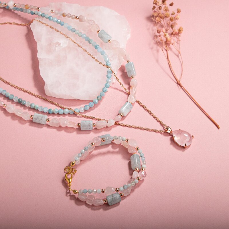 Pembe Kuvars-Akuamarin Doğal Taş Gümüş Kolye Bileklik Seti - 4