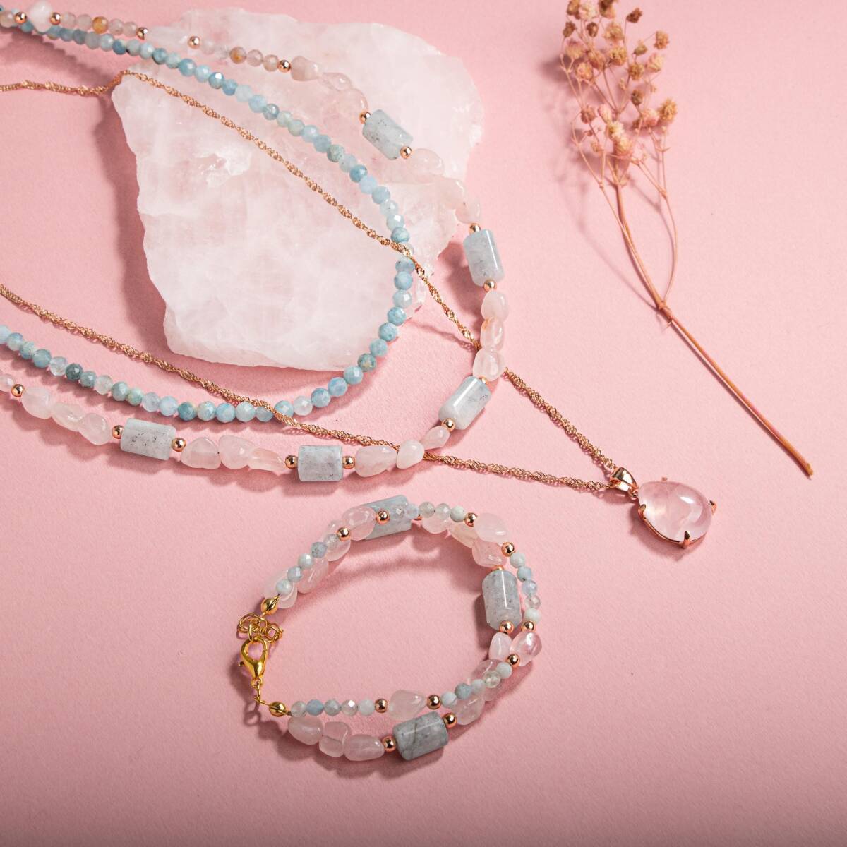 Pembe Kuvars-Akuamarin Doğal Taş Gümüş Kolye Bileklik Seti - 4