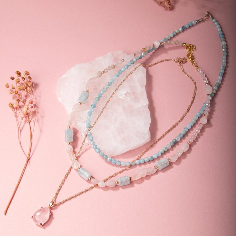 Pembe Kuvars-Akuamarin Doğal Taş Gümüş Kolye Bileklik Seti - 5