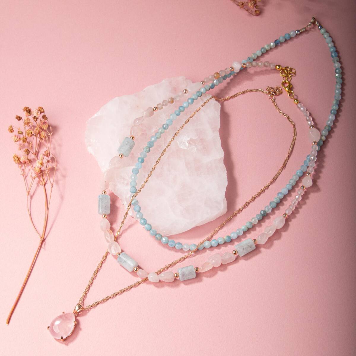 Pembe Kuvars-Akuamarin Doğal Taş Gümüş Kolye Bileklik Seti - 5