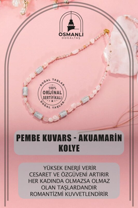 Pembe Kuvars-Akuamarin Doğal Taş Kolye - Doğal Taş