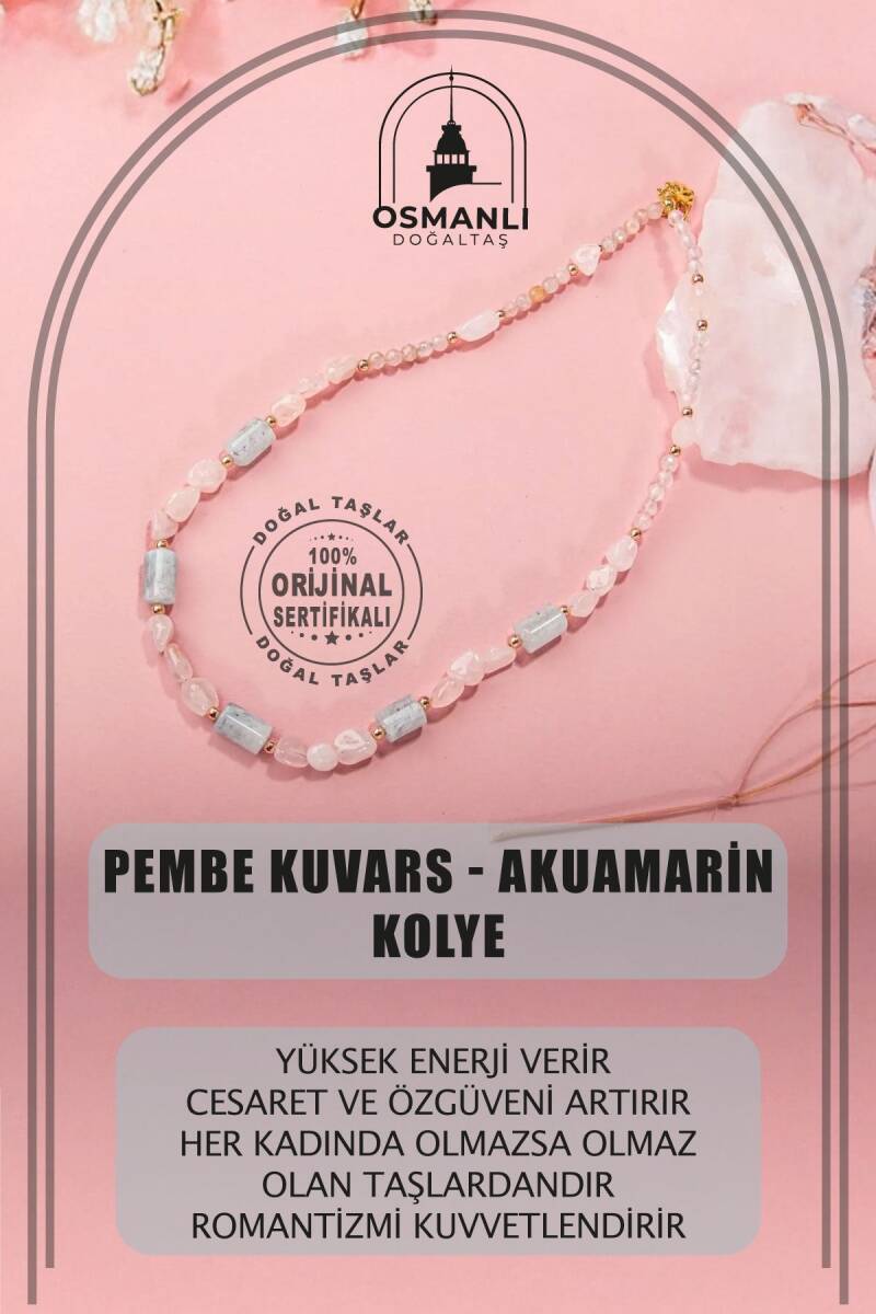 Pembe Kuvars-Akuamarin Doğal Taş Kolye - 1
