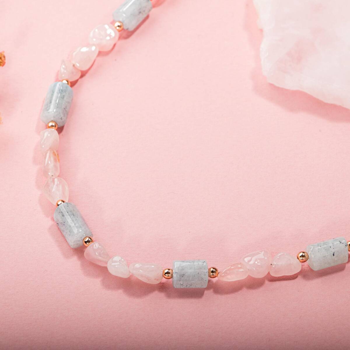 Pembe Kuvars-Akuamarin Doğal Taş Kolye - 3