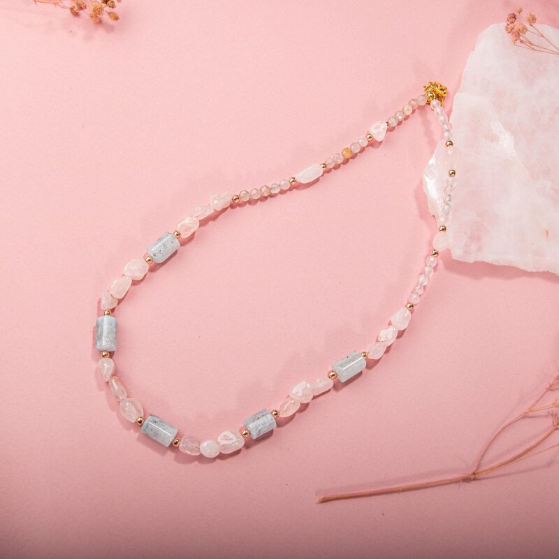 Pembe Kuvars-Akuamarin Doğal Taş Kolye - 5