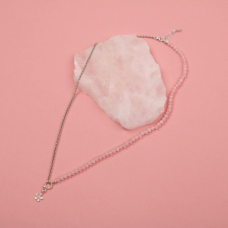 Pembe Kuvars Doğal Taş Gümüş Çiçekli Kolye - 50cm - Doğal Taş